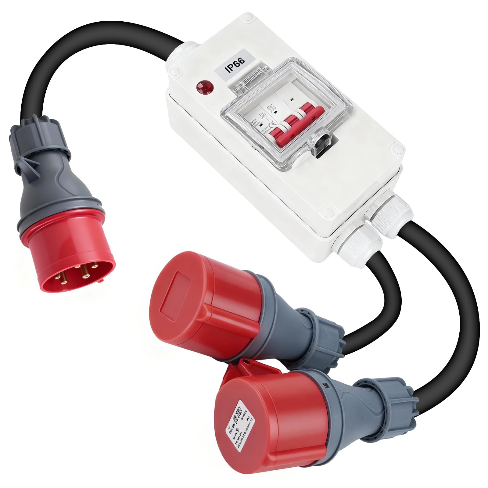 Adattatore CEE da 32A a 16A con interruttore automatico CEE spina 5P 32A a 5P 16A Connettore adattatore da uno a due alta corrente adattatore H07RN-F 5 * 2.5mm²*22.5cm*3 prolunga IP66