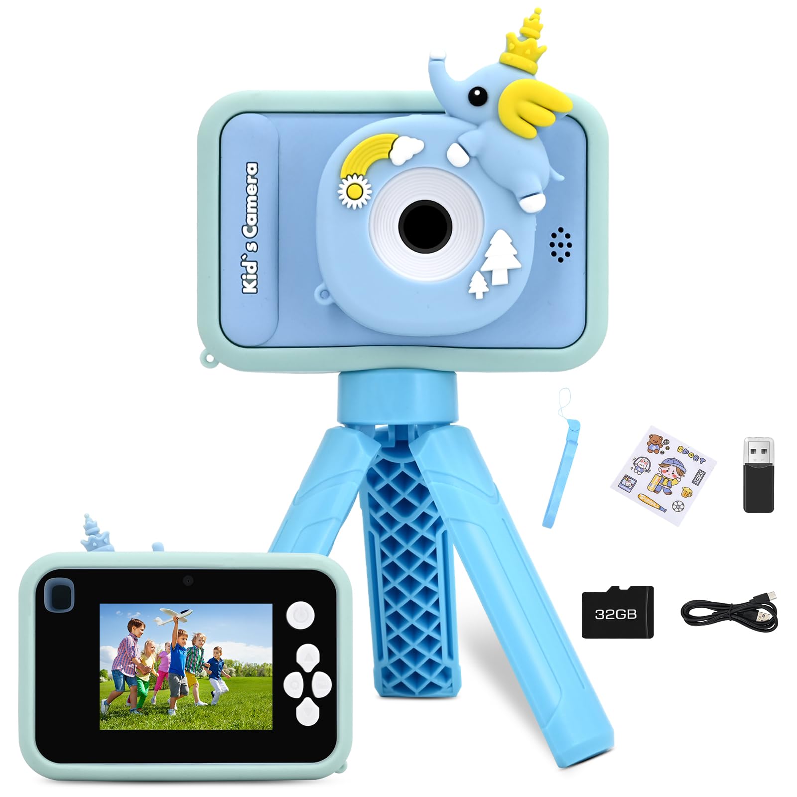 Fretrecy Upgrade Kids Camera with Tripod for Girls Boys Age 3-10, 1080P 48MP Video Digital Toddler Cameras Toy for 3 4 5 6 7 8 Years Old Children Christmas Birthday Gifts with 32G SD Card (Blue)