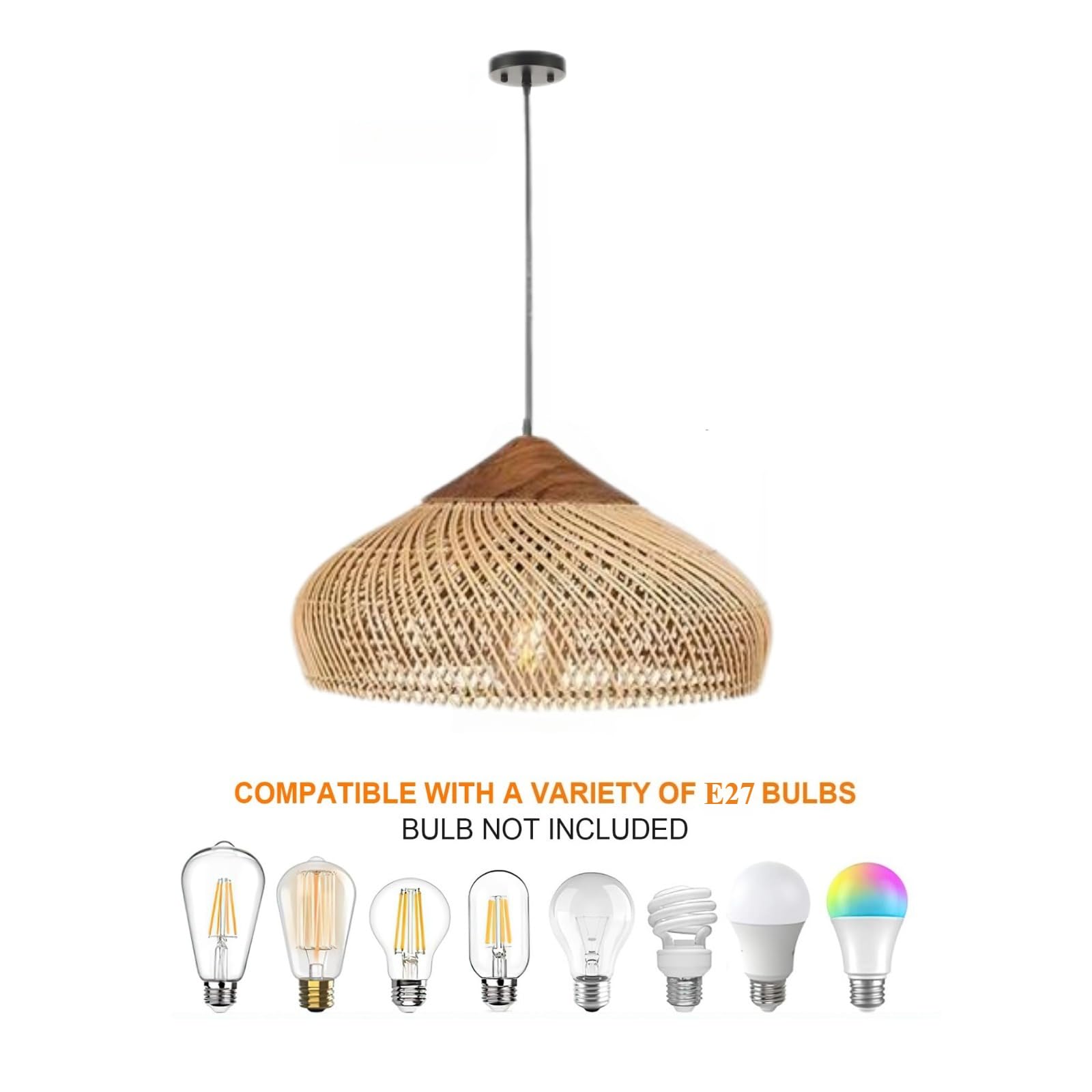 Boho-Pendelleuchte für Wohnzimmer, Hängelampe aus Korbgeflecht, Pendelleuchte aus Rattan, Esszimmerbeleuchtung, Holz, E27, Lampentyp: Hängeleuchte, Farbe: Beige (Ø30cm)
