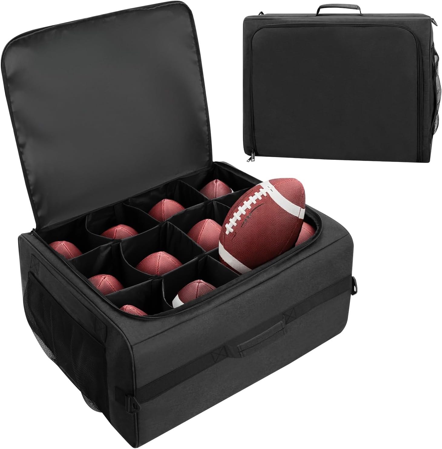 Football Bag Holds 12 Official-Size Footballs, 12-Compartment Ball Carrier with Dividers, Top-Open Organizer Case with Shoulder Strap, Football Team Gear Storage for Practice & Game Day, Bag Only