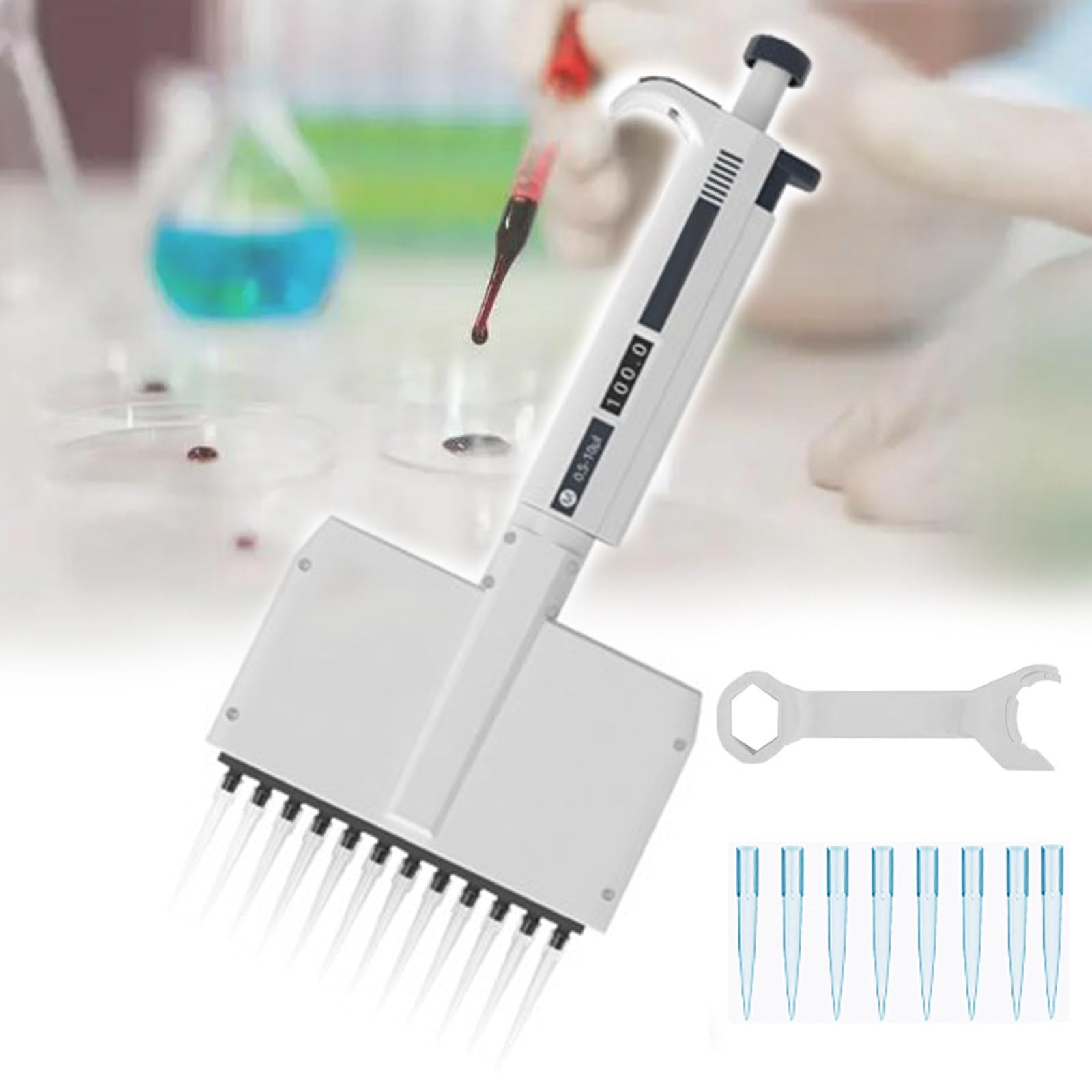 Pipeta Ajustable De 8/12 Canales, Pipeta De Laboratorio De 0.5ul-300ul, Punta Giratoria De 360°, Rango Ajustable/Ventana Digital, para Un Muestreo Preciso En El Laboratorio,12channel-0.5-10μl