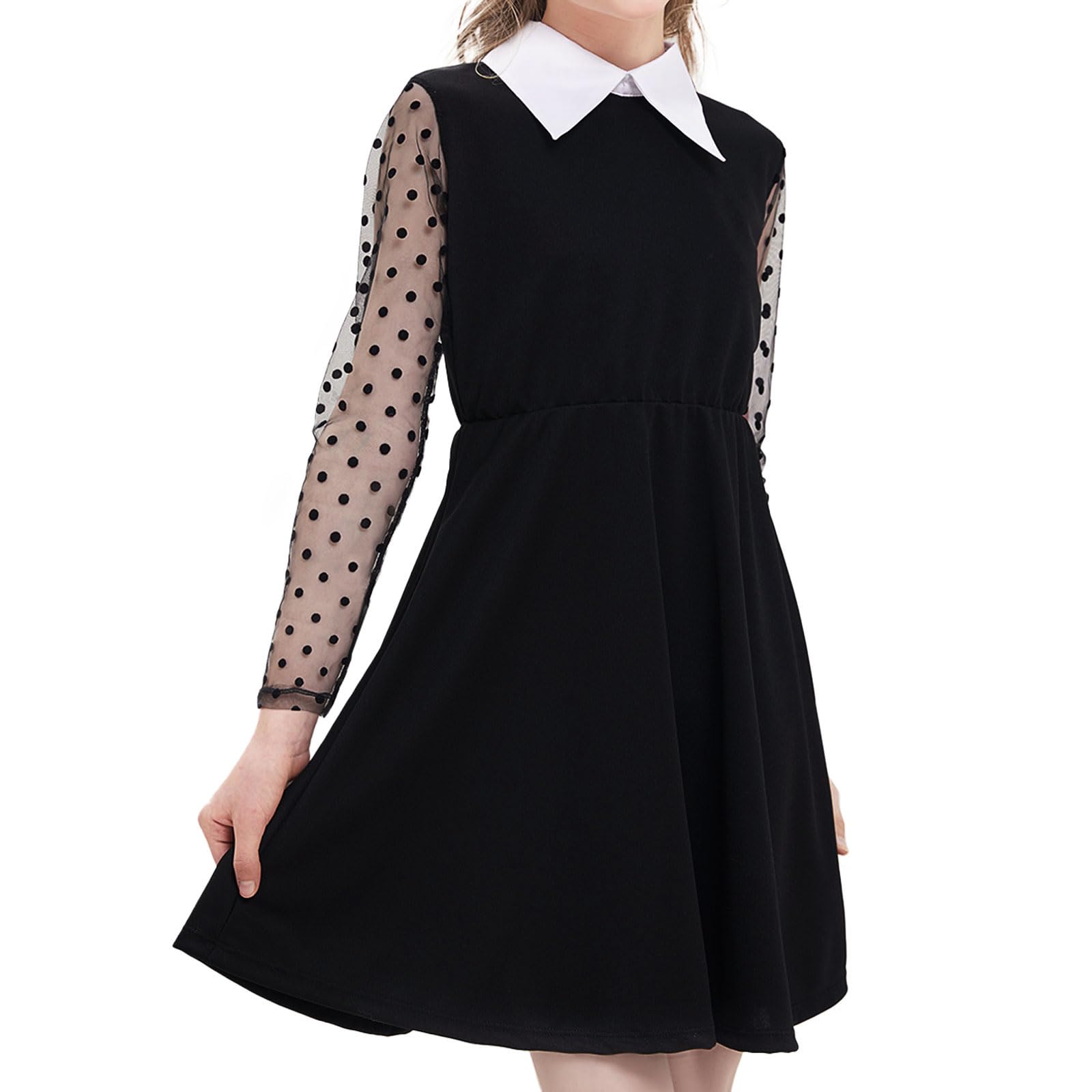 PARTTELY Long Sleeve Girls Dresses 5-8 Years Peter Pan Collar Skater Twirly A-Line Dress for School Party Dress with Socks