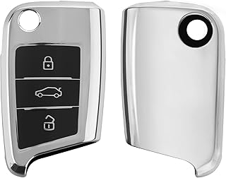 كيه دبليو موبايل غطاء مفتاح متوافق مع فولكس فاجن جولف 7 MK7 - فضي شديد اللمعان تي بي يو Cارة MK7 بثلاثة مفاتيح لمفتاح MK7