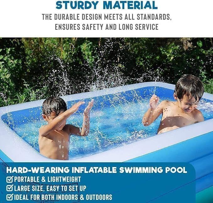 Image of 10ft Inflatable Family Swimming Pool for Kids & Adults | Rectangular Outdoor and Indoor Pool with Electric Pump | Easy Inflate & Deflate | Garden, Backyard & Summer Party Pool - Blue