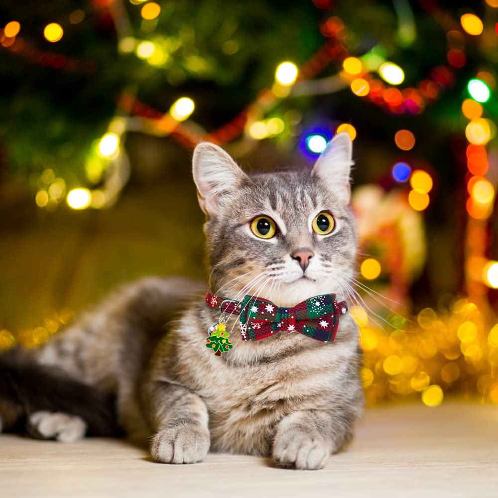 YUJUN 3er-Pack Weihnachts-Katzenhalsbänder mit Fliege und Glocke, verstellbar, kariert, Schneeflocke, Halsband, Schnalle, Sicherheit für Welpen, Kätzchen