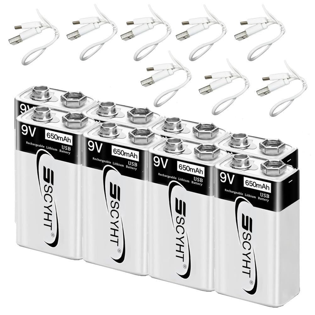 Akumulator litowo-jonowy 9 V akumulator USB, 650 mAh baterie litowe do czujnika dymu 9 V kwadratowe baterie z kablem typu C, szybkie ładowanie 1 godz.,9v650mah 8pack