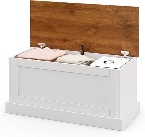 Miniatura 10 de LOKO Baúl de almacenamiento de 35.5 pulgadas, caja de almacenamiento superior con bisagras de metal, banco de almacenamiento de madera con puntal