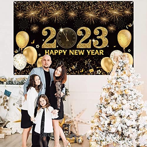 Large New Year Background Banner, Happy New Year Banner for New Year Eve Decorations Black and Gold , 2023 New Year Party Supplies for New Year Eve Indoor Outdoor Wall Decorations(70.87 * 43.3Inchs).