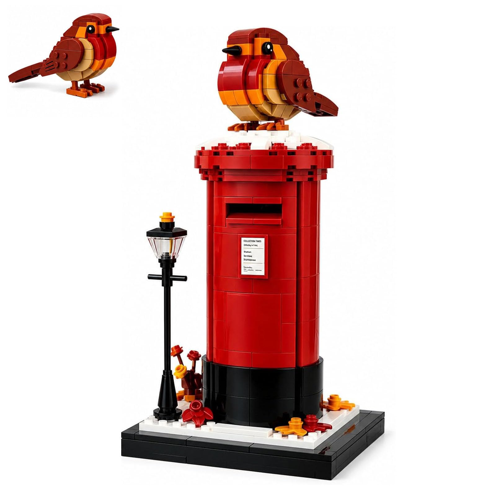 Fokayo Vintage Postbox & Robin Brick Set, British Robin Red Postbox Building Blocks Set, Collectible Construction Toy, Memorial Gifts for Bird Lovers and Collectors (1Pcs)