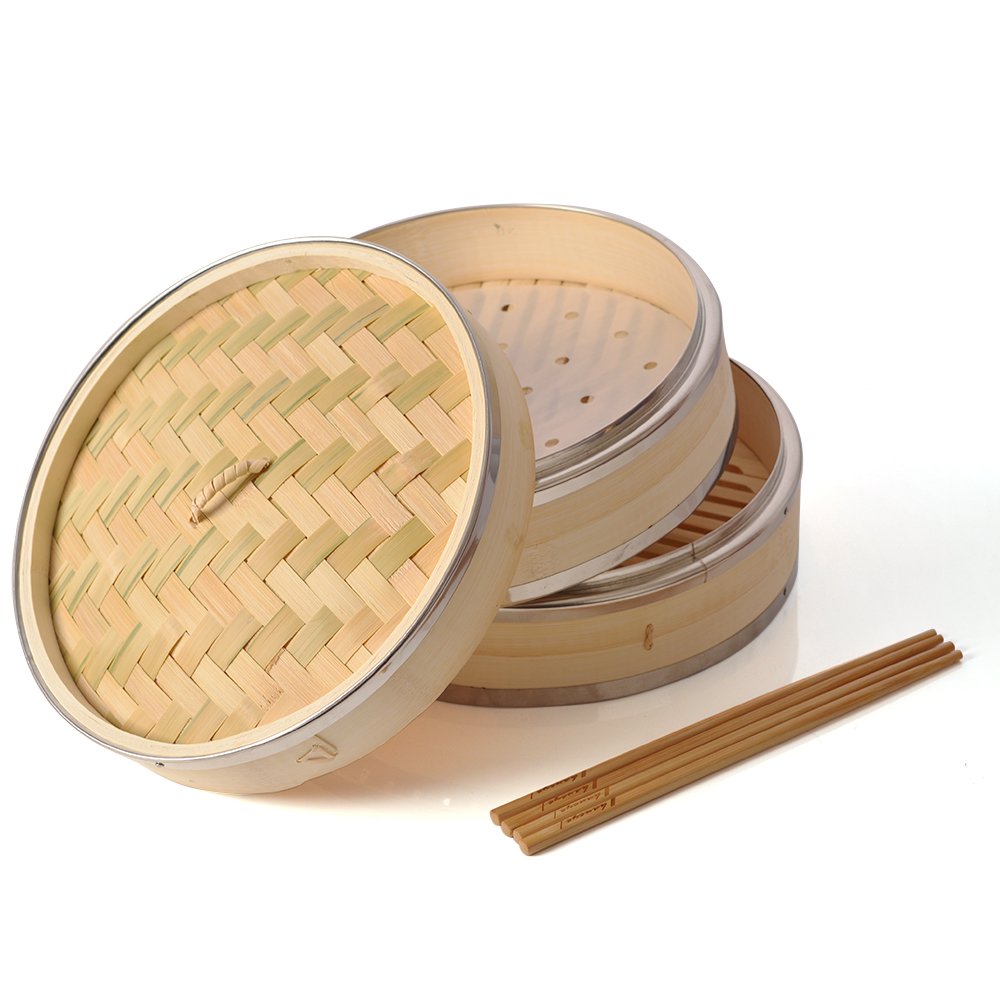 Bamboo Steamer 10 inch, Haneye 2 Tier Bamboo Steamers for Steaming Dim Sum Dumplings Buns Vegetables Meat Fish Rice (Includes 2 Pairs Chopsticks and 100 Steamer Paper Liners)