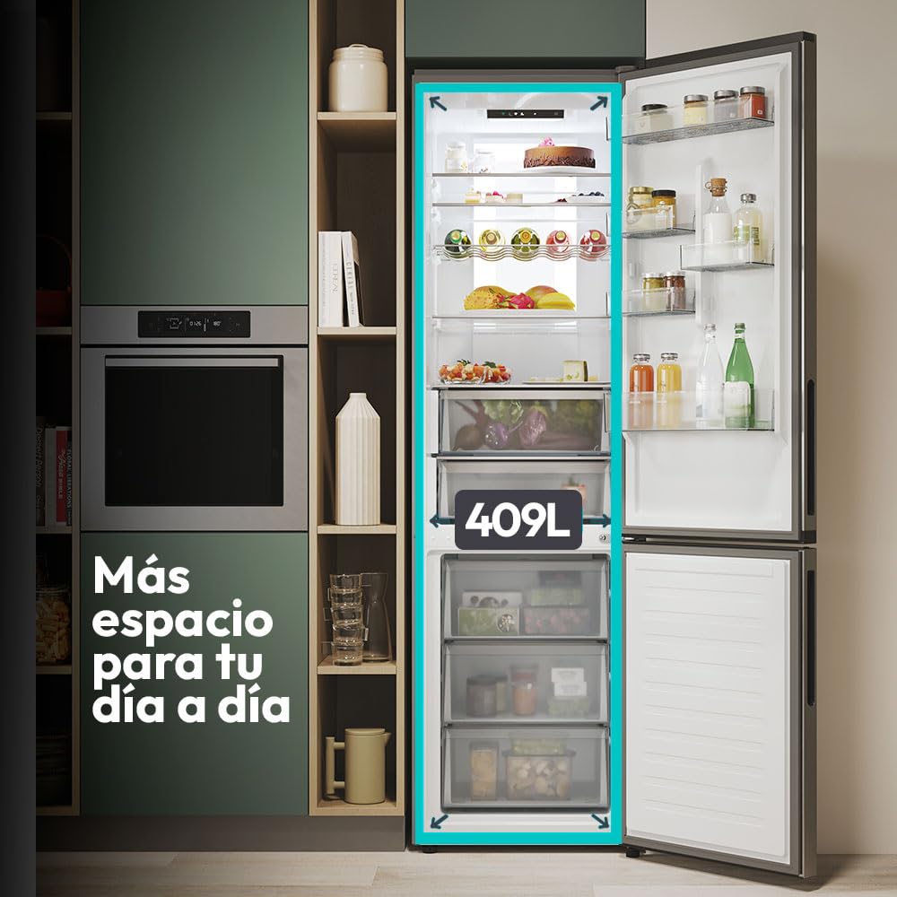 CANDY Fresco 500 CNCQ4T620DX, Frigorífico Combi, 409L, WIFI, Ancho 60cm, Altura 205cm, Total No Frost Circle+, 2 Cajones Verduleros, Control Digital, Panorama Light, Puerta Reversible, 35DB, Inox