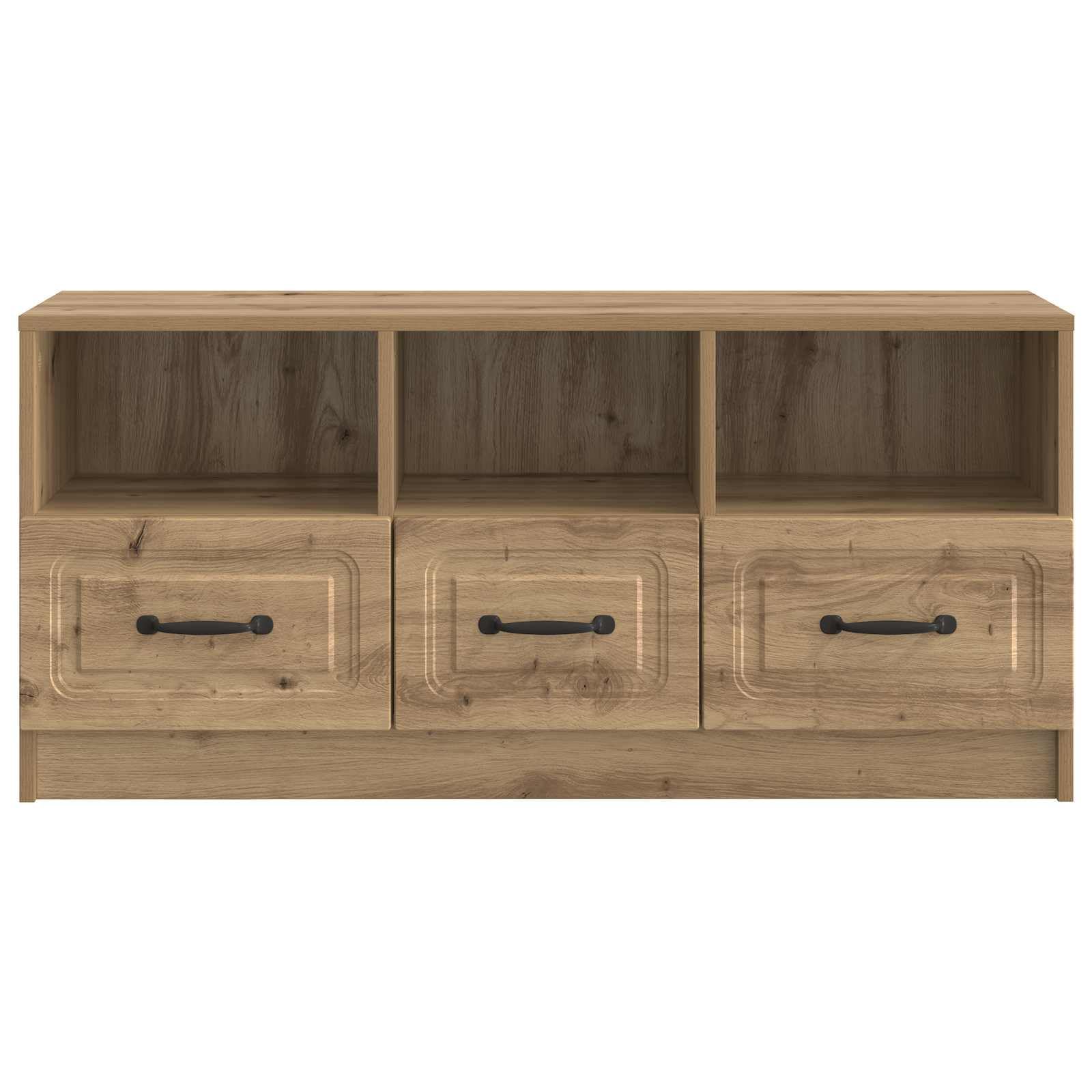 Szafka pod telewizor z materiału drewnopochodnego dębu Artisan, 102 x 34,5 x 47 cm, nowoczesna z 3 szufladami, dużo miejsca do przechowywania, uchwyty do prasowania, uniwersalna do salonu