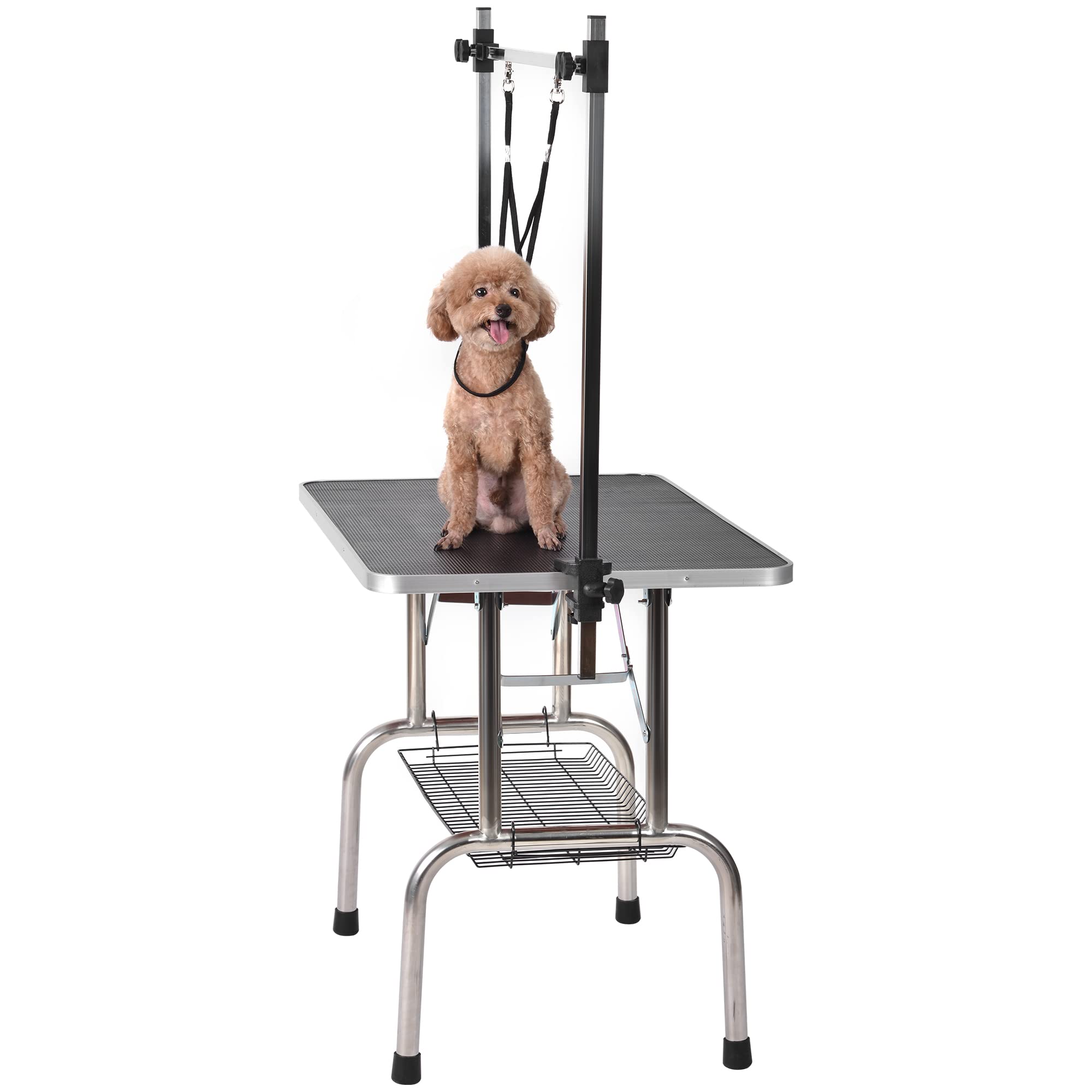 Table d'entretien Pliante pour Chiens/Chats/Animaux domestiques Tige réglable 2 Sangles Panier de Stockage et capacité antidérapante de Surface de Travail Plus Large 100kg (Noir,90 * 60 * 76)