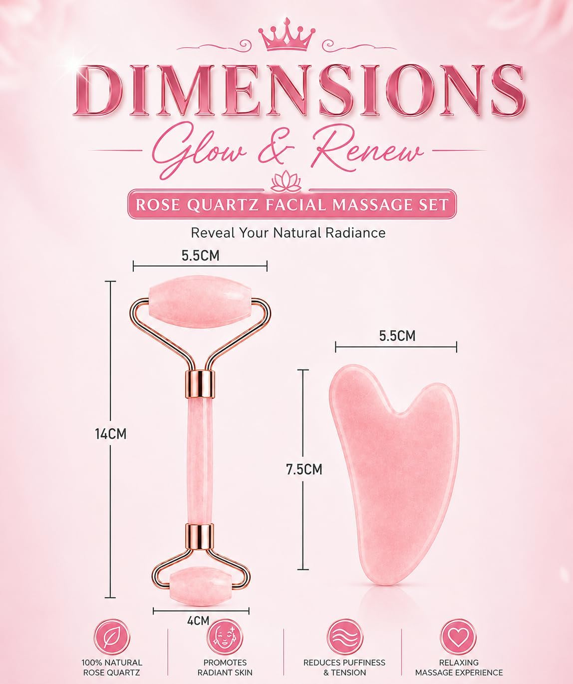 Be True Rose Quartz Authentic Stone Facial Roller & Gua Sha Set- Skin Care Massage Tools for Lymphatic Drainage, Jawline Scuplting, Depuffing, Skin Tightening & Glow