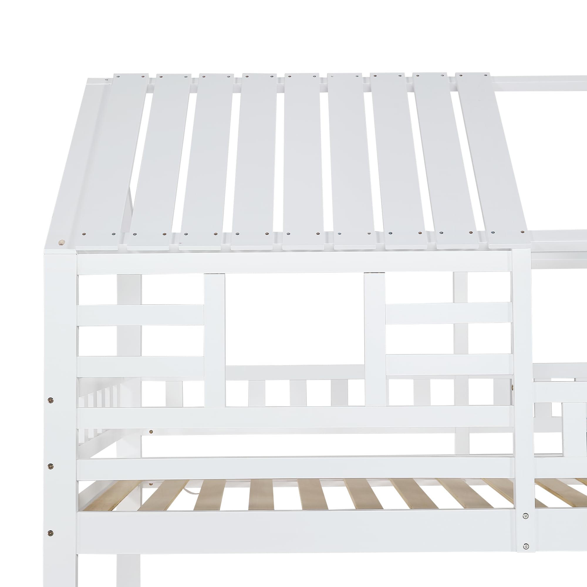 Letto a castello 90 x 200 cm, con scala ad angolo retto e scivolo, letto con tetto e finestra, lettino con protezione anticaduta e griglia, telaio in pino, naturale e bianco
