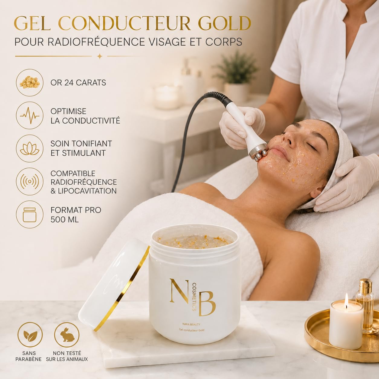 Gel conduttivo Gold 500 ml per trattamenti estetici con radiofrequenza e lipocavitazione, adatto per viso e corpo.