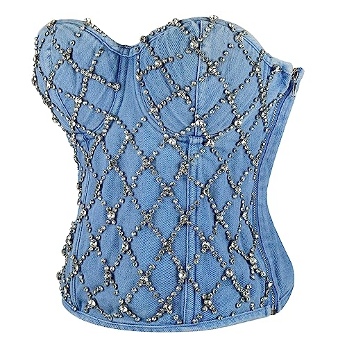 ELLACCI Women's Denim Rhinestone Corset Top Sexy Club Party Jean Bodysuit2