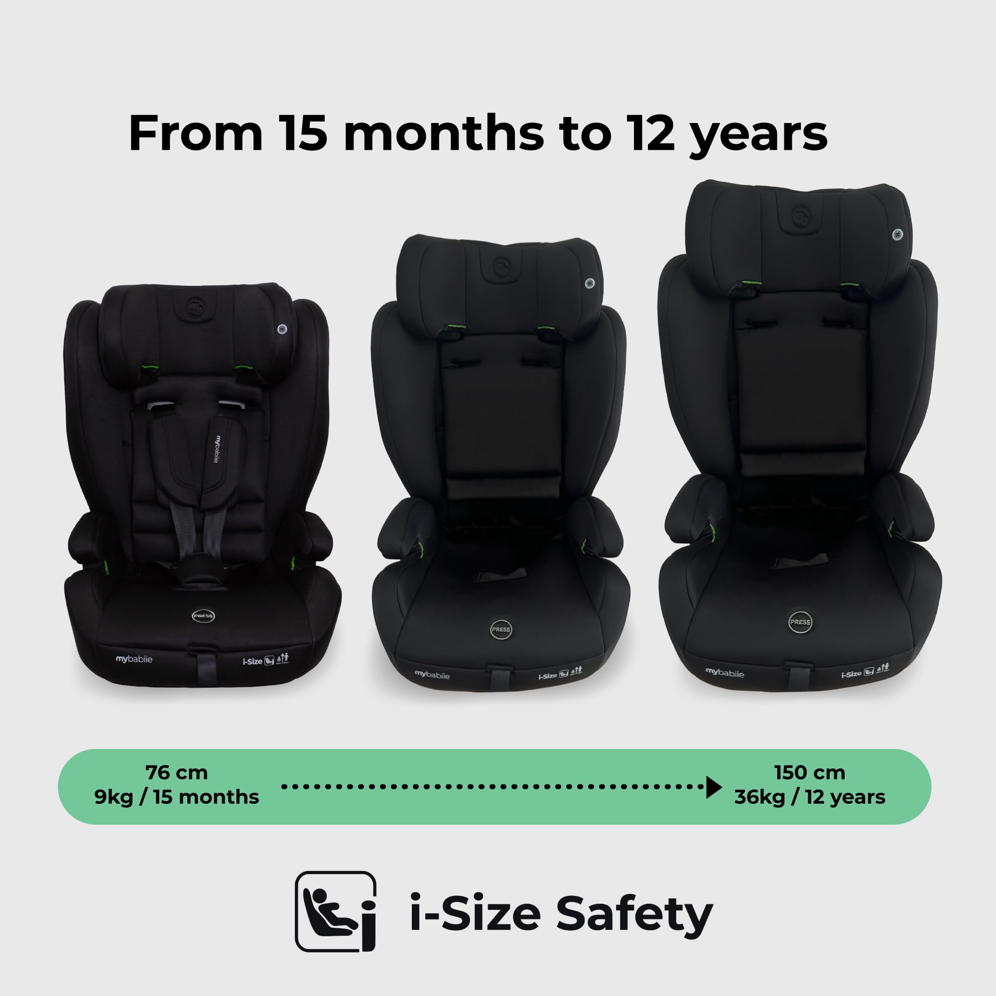 My Babiie MBCS75 Toddler to Booster R129 Child Car Seat - ISOFIX with Top Tether, Harness, 76-150cm (Approx. 9-36kg, 15 Months - 12 Years), i-Size, Group 1/2/3, Adjustable, Forward Facing - Black — view 4