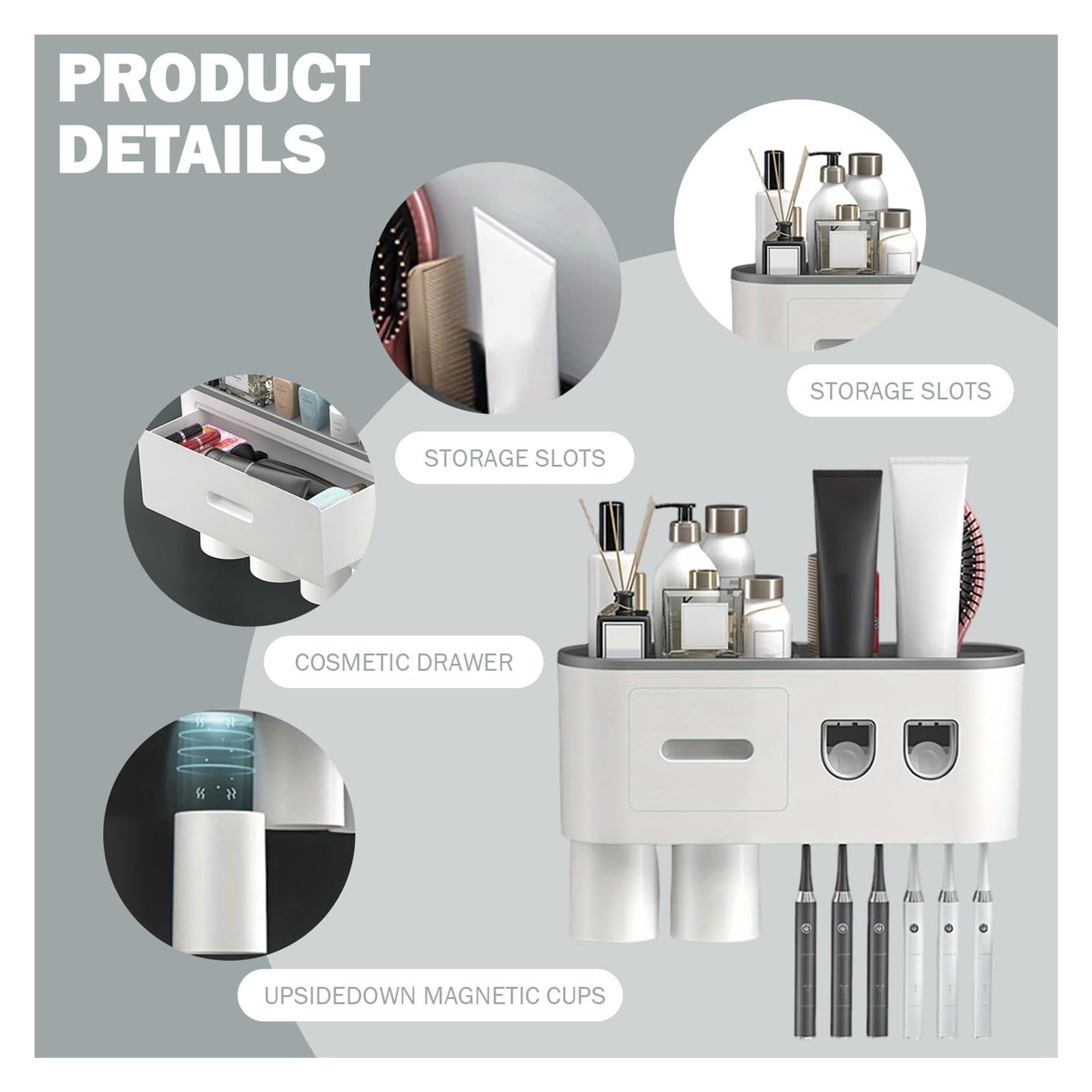 Portacepillos de Dientes Soporte de Pared for cepillos Dientes con dispensador automático Pasta, Organizador baño sin Taladro Vaso de Enjuague bucal Reutilizable(2 Cups)