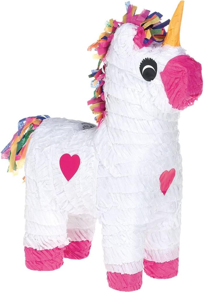 Full view of the Unicorn Pinata, white with pink hooves and snout, and a yellow horn, ready for use.