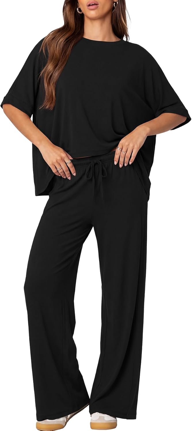 Darong Women's 2 Piece Outfits Matching Lounge Sets Short Sleeve Pullover Tops High Waisted Wide Leg Pants Tracksuit Sets - Image 3