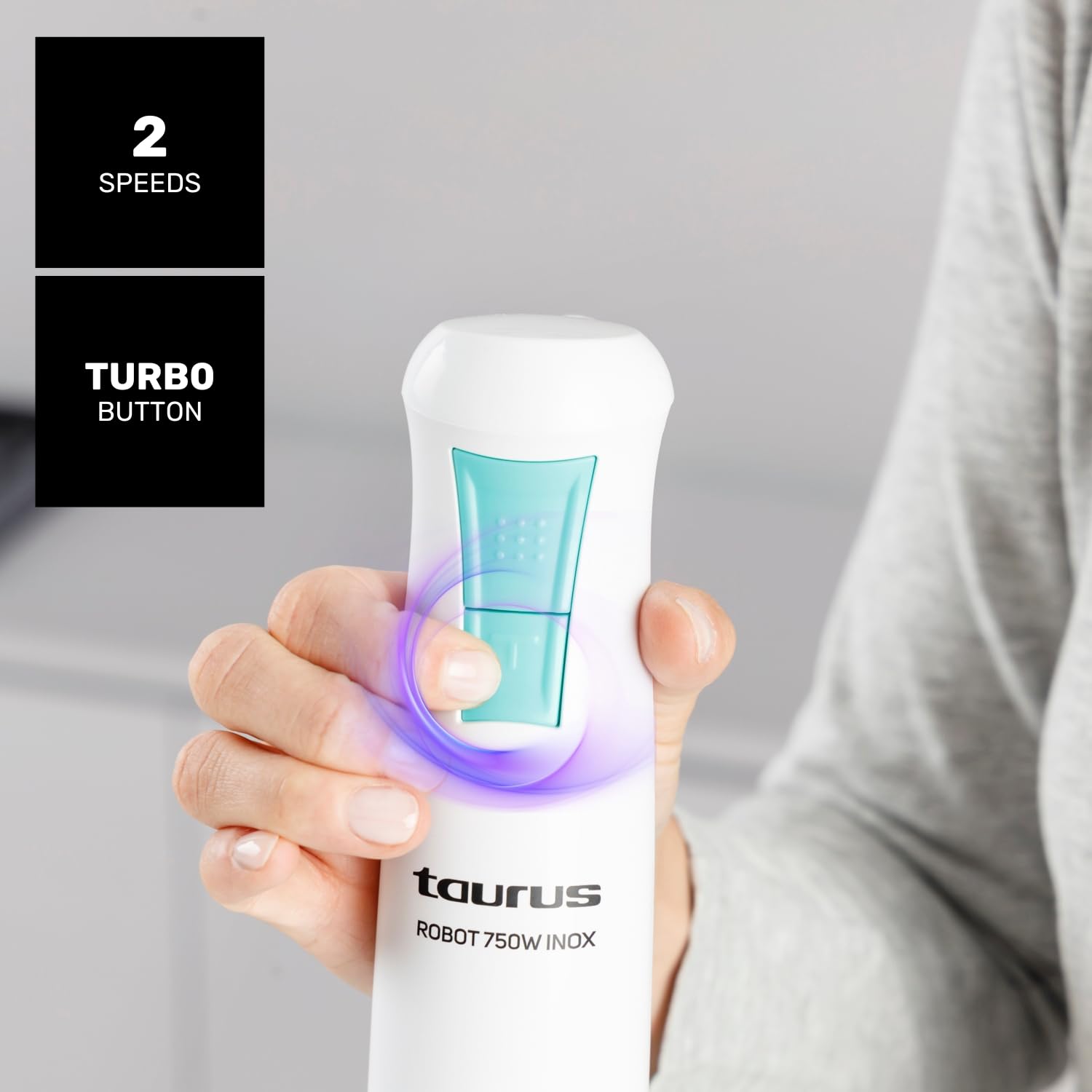 Taurus Mikser ręczny Robot 750 Inox, 750 W, 2 prędkości + Turbo, ostrza i pręt ze stali nierdzewnej, kompaktowy i ergonomiczny, łatwy montaż, okap zapobiegający rozpryskiwaniu | bez BPA, akcesoria