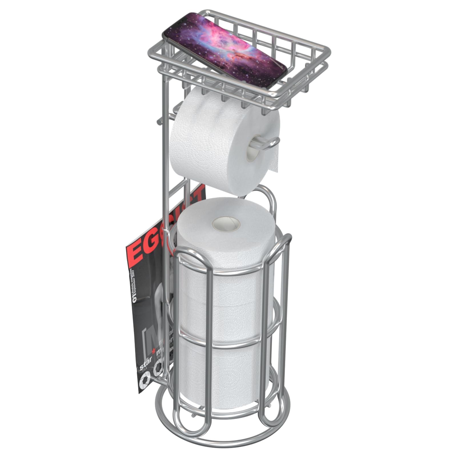 TreeLen Mega Roll Toilettenpapierhalter Edelstahl Badezimmer Taschentuchhalter Ständer TP Spender mit Telefon/Wischregal & Zeitschriftenständer freistehend Chrom
