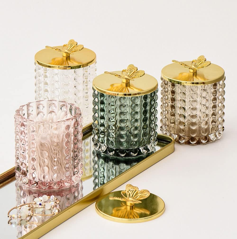 Polka Dot Clear Glass Storage Jar Candy Jar Jewelry Box Swab Box with Gold Butterfly Lid