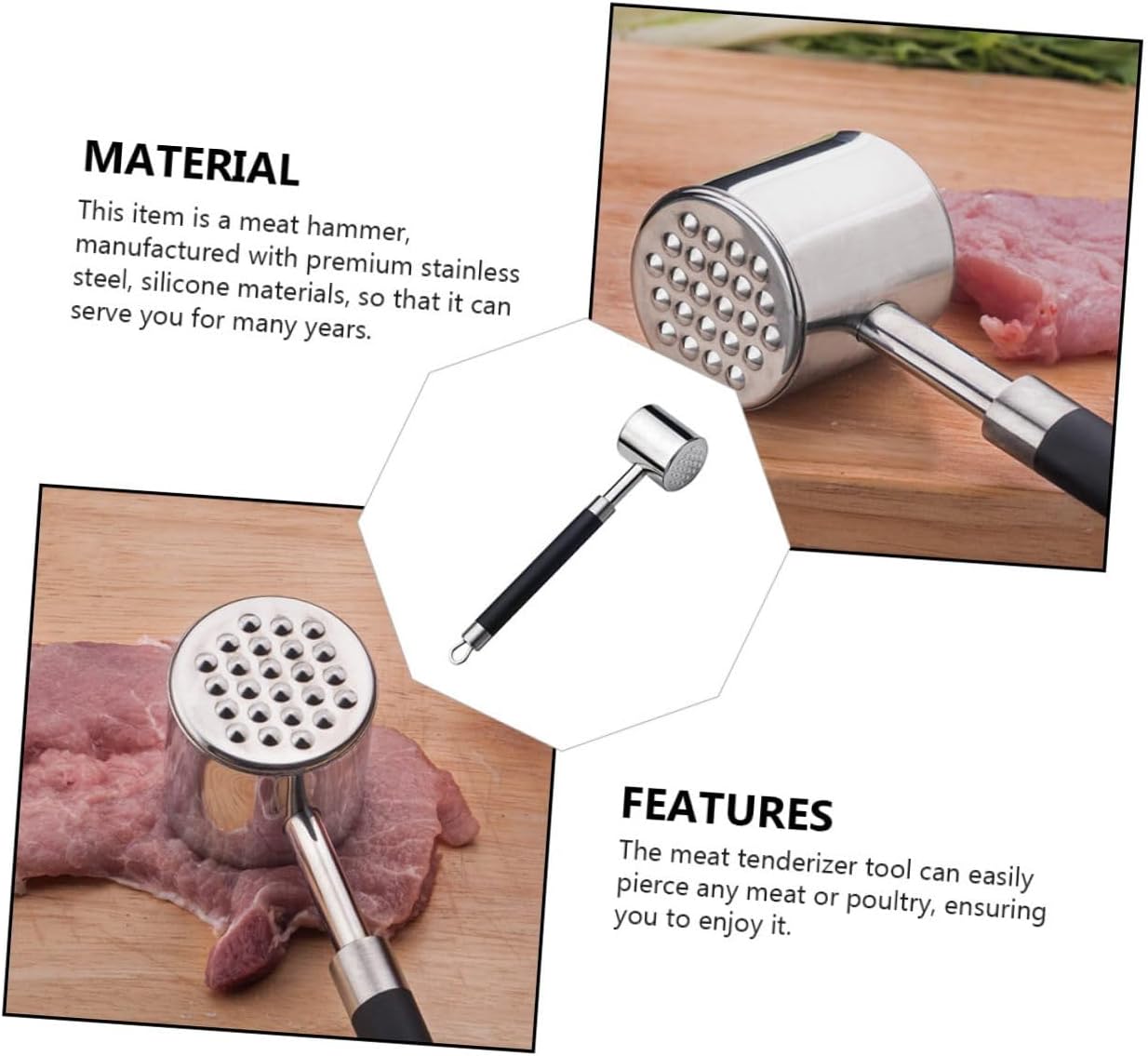 Ipetboom Dual Sided Meat Tenderizer Hammer Mallet 304 Stainless Steel with Black Non-slip Handle for Steak Beef Pork Kitchen Pounder Tool