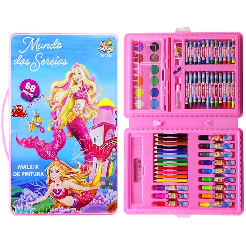 Maleta de Pintura Canetinhas Lápis Desenhos Sereia 68 peças Material Escolar Infantil