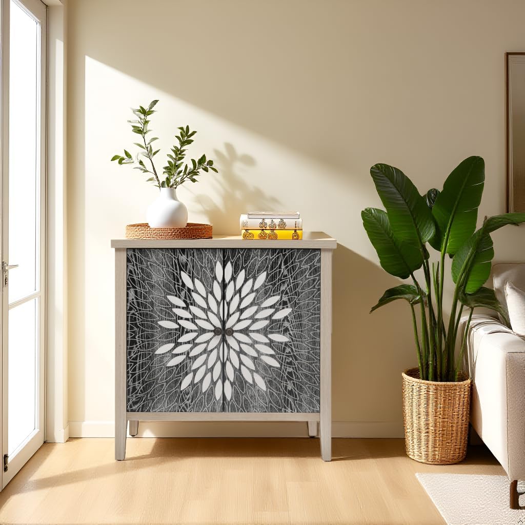 31.5" Carved Storage Cabinet, Natural Side Buffet with 2 Black Doors, Decorative Sideboard Buffet Cabinet for Living Room, Dining Room & Office - Black & Natural