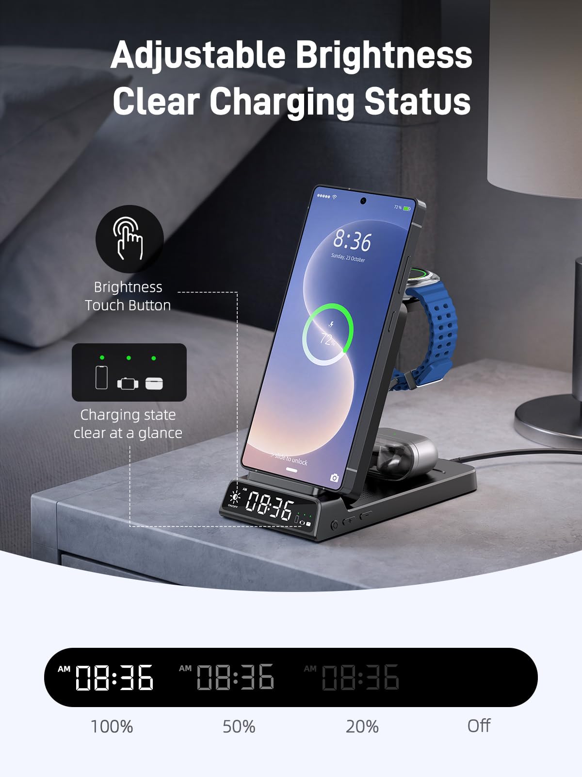 Bezprzewodowa ładowarka do stacji ładującej Samsung z zegarem do Samsung Galaxy S25 Ultra/S24/Flip 7/Bud, ładowarka do zegarka Samsung Galaxy Watch 8/7/6/5Pro, składana stacja ładująca 3 w 1 (czarna)