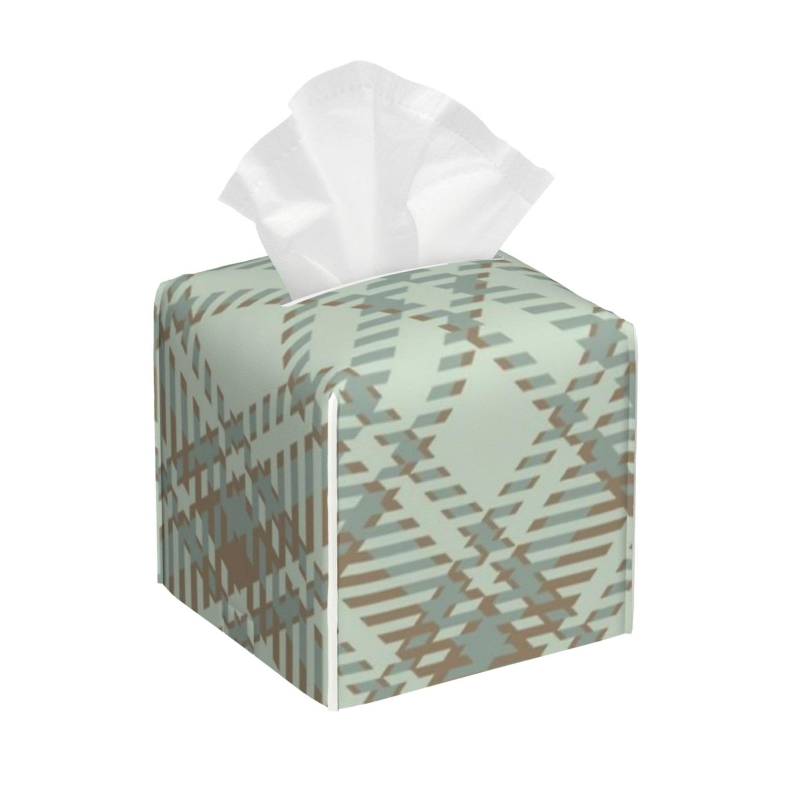 Green Tartan Plaid Pattern Tissue Box Cover 5" Square Leather Tissue Holder Facial Tissue Case for Tabletop Bedroom Bathroom Desk Decor