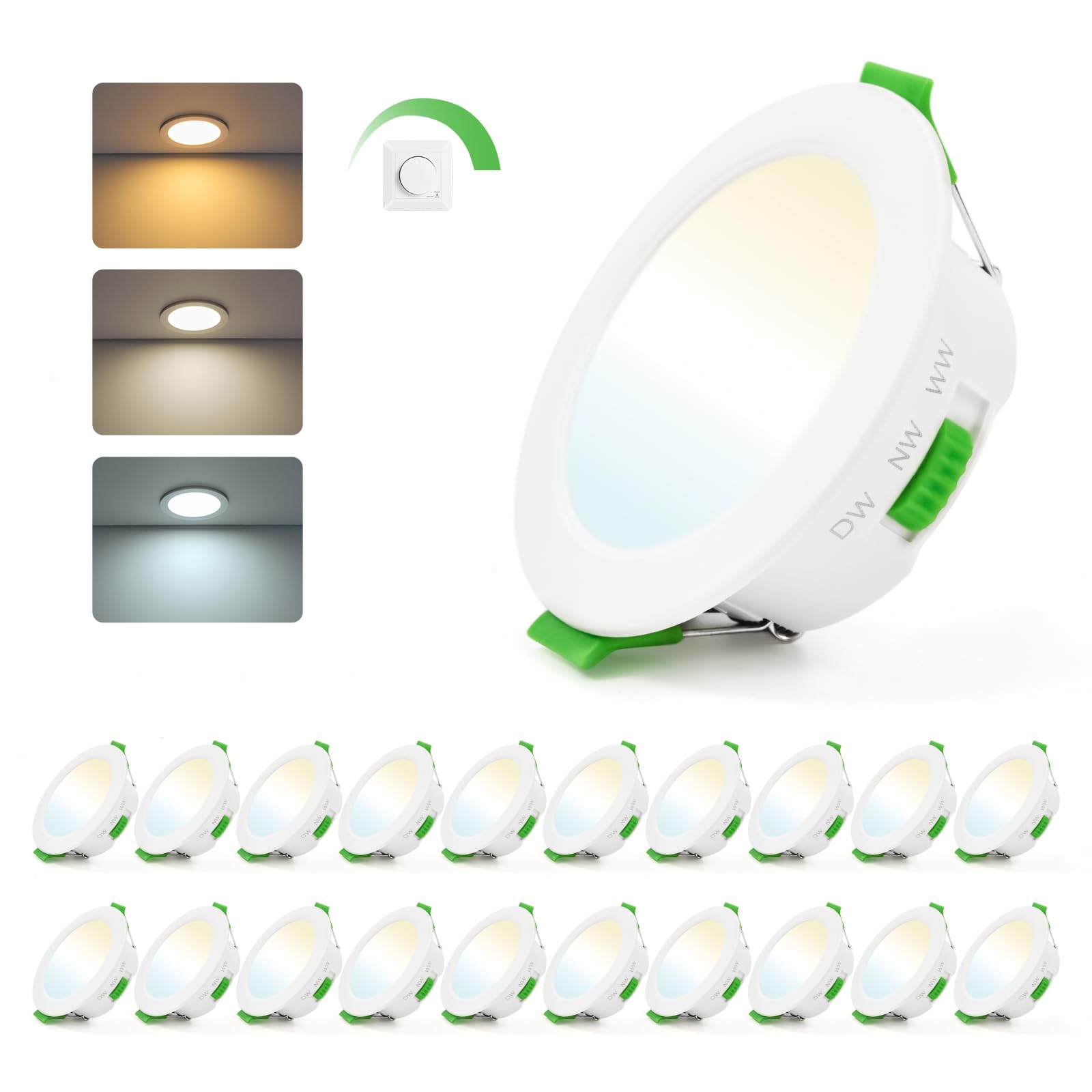 Leselux 20er Set LED Einbaustrahler 230V Dimmbar, 5W LED Spots 68mm 3000K Warmweiß 4000K Neutralweiß 6000K Kaltweiß, IP44 Deckenspots Flach, 65-80mm Lochmaß, Spots Deckenleuchte für Badezimmer Küche