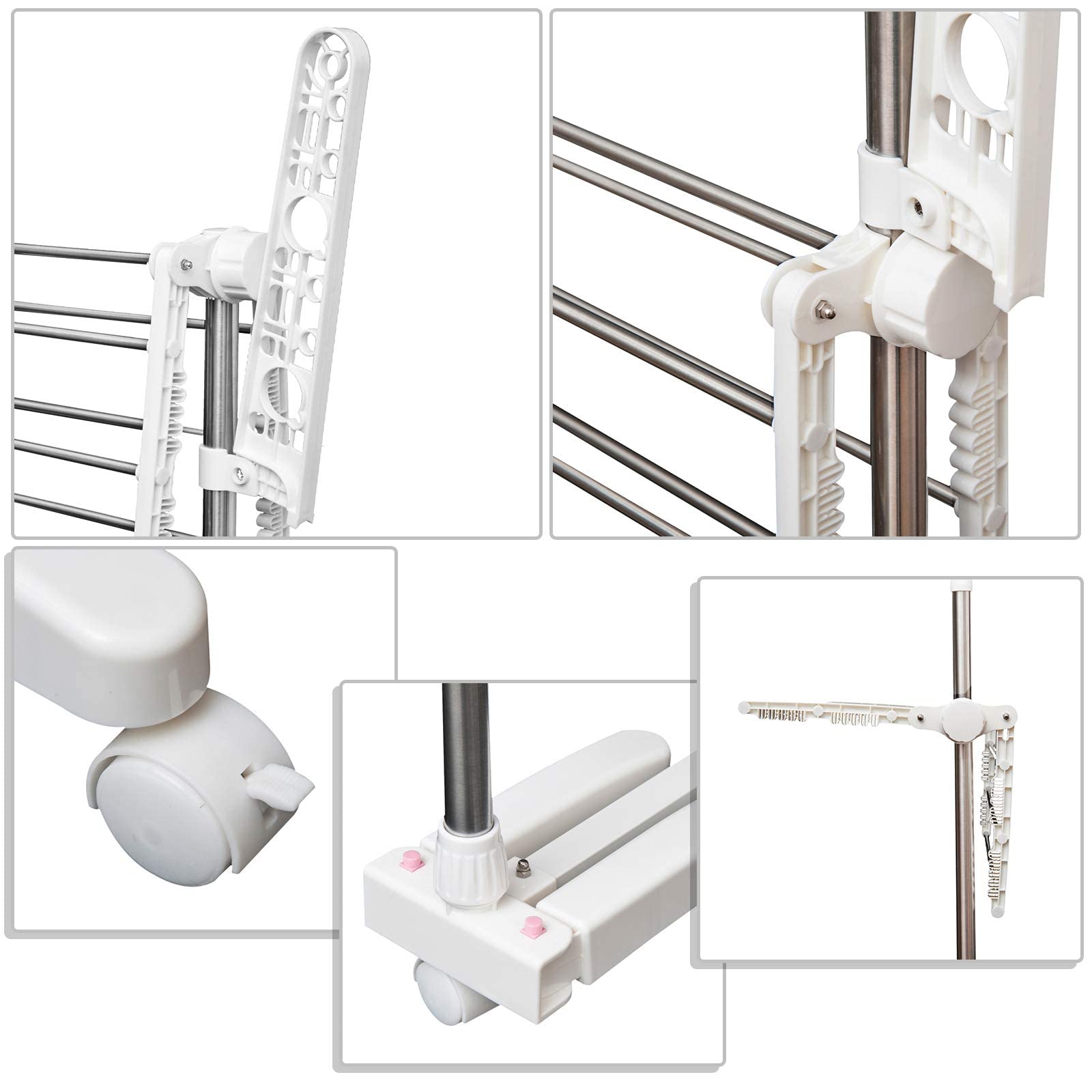 HOMCOM Stendibiancheria Verticale 3 Livelli Regolabili Bianco Argento | Stendino a Torre Pieghevole Salvaspazio Estensibile, Acciaio Inox, 6 Ruote, Ganci, Interni, Balcone, 142x55x152cm