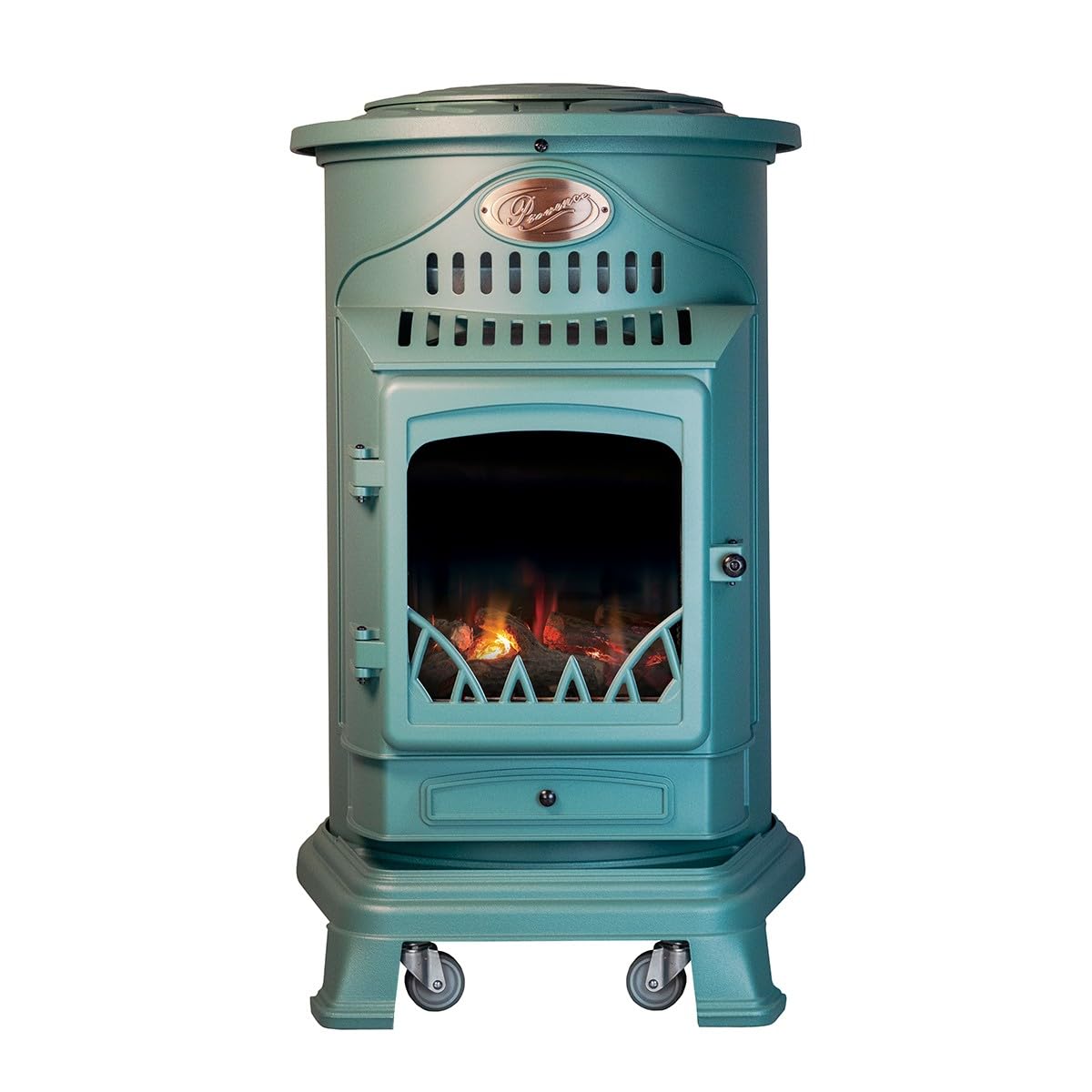 Sahara - Poêle à gaz Provence 3,4 KW Vert Effet poêle à Bois Fonte véritable Chauffage d'appoint + Tuyau gaz et détendeur gaz