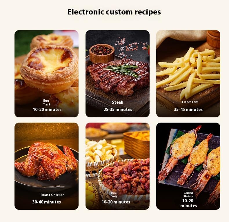 Display showing various food presets like Egg Tart, Steak, French Fries, Roast Chicken, Dried Fruit, Grilled Shrimp with suggested cooking times