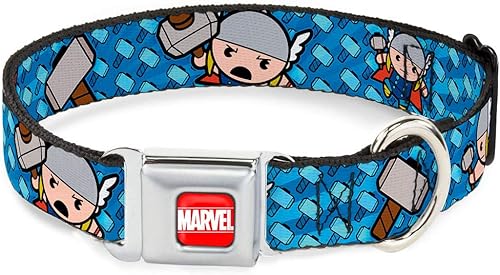 Collar de perro hebilla de cinturón de seguridad Kawaii Thor Poses Hammer Monogram Blues 15 a 26 pulgadas 1.0 pulgadas de ancho