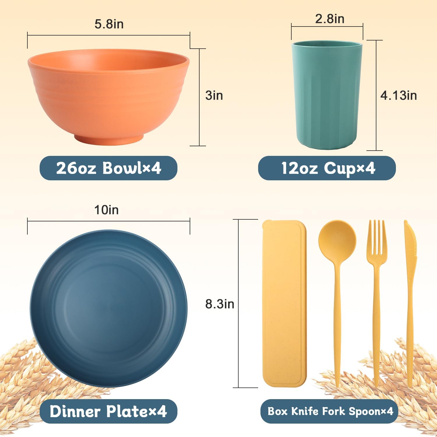 28 Piece Wheat Straw Dinnerware Sets,Plastic Dishes Set Alternative, Dishwasher & Microwave Safe Plates and Bowls Sets, Unbreakable Dinnerware Sets for 4 Dinner Plates, Cups, Cereal Bowls - Colorful - Image 2