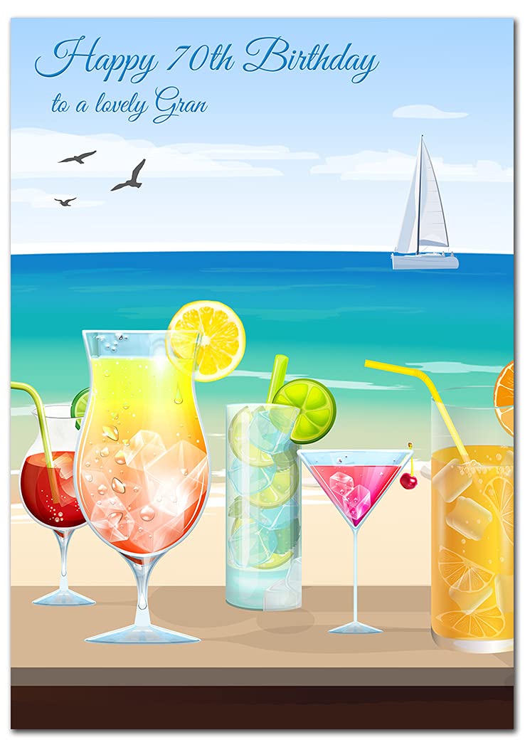 Extra Large Gran 70th Birthday Card - XL Big thick A4 size - Special Age Year Greeting Her Women Female - Beautiful Art Cocktails Drink Beach Bar Cool - Nice Huge Happy Wishes UK Eco-Friendly