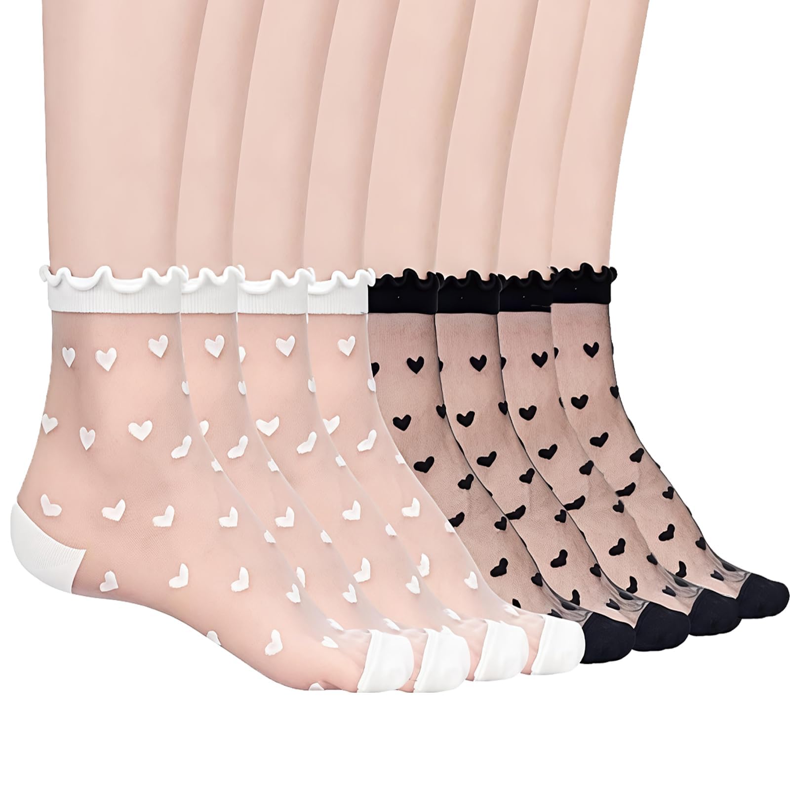 4 Pairs Lace Socks, Fashionable Lace Sock Set, Daily Wear Socks, Set of Four Pairs of Lace Socks in Black and White Colors, Comfortable and Breathable-picture-13