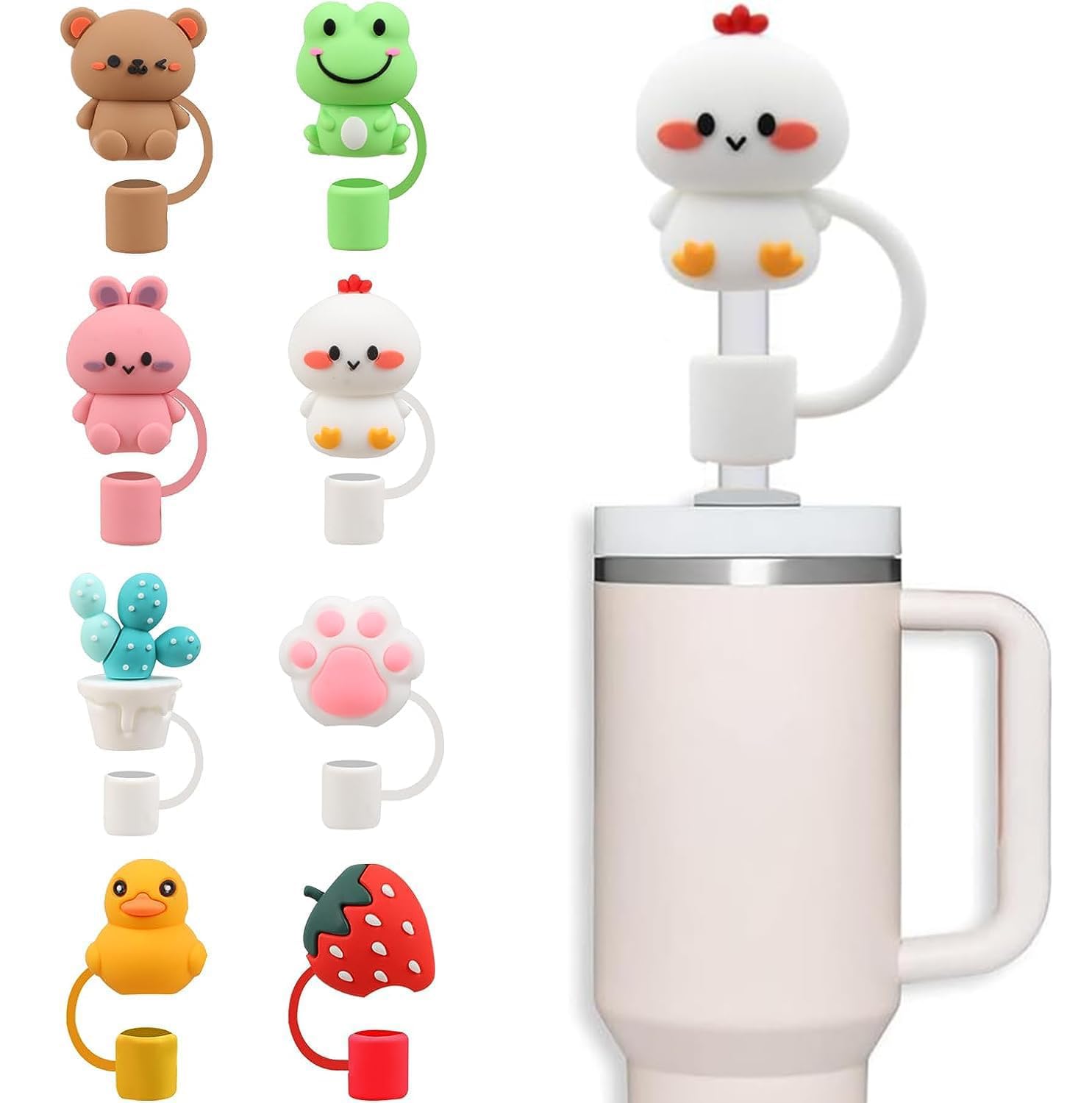 8Pcs Bear,Frog,Duck,Paw Straw Covers Cap for Stanley Cup, Compatible with Stanley Cup & Simple Modern with Handle, Silicone Straw Tips 8-10mm for Stanley Accessories Drinking Straws Plug