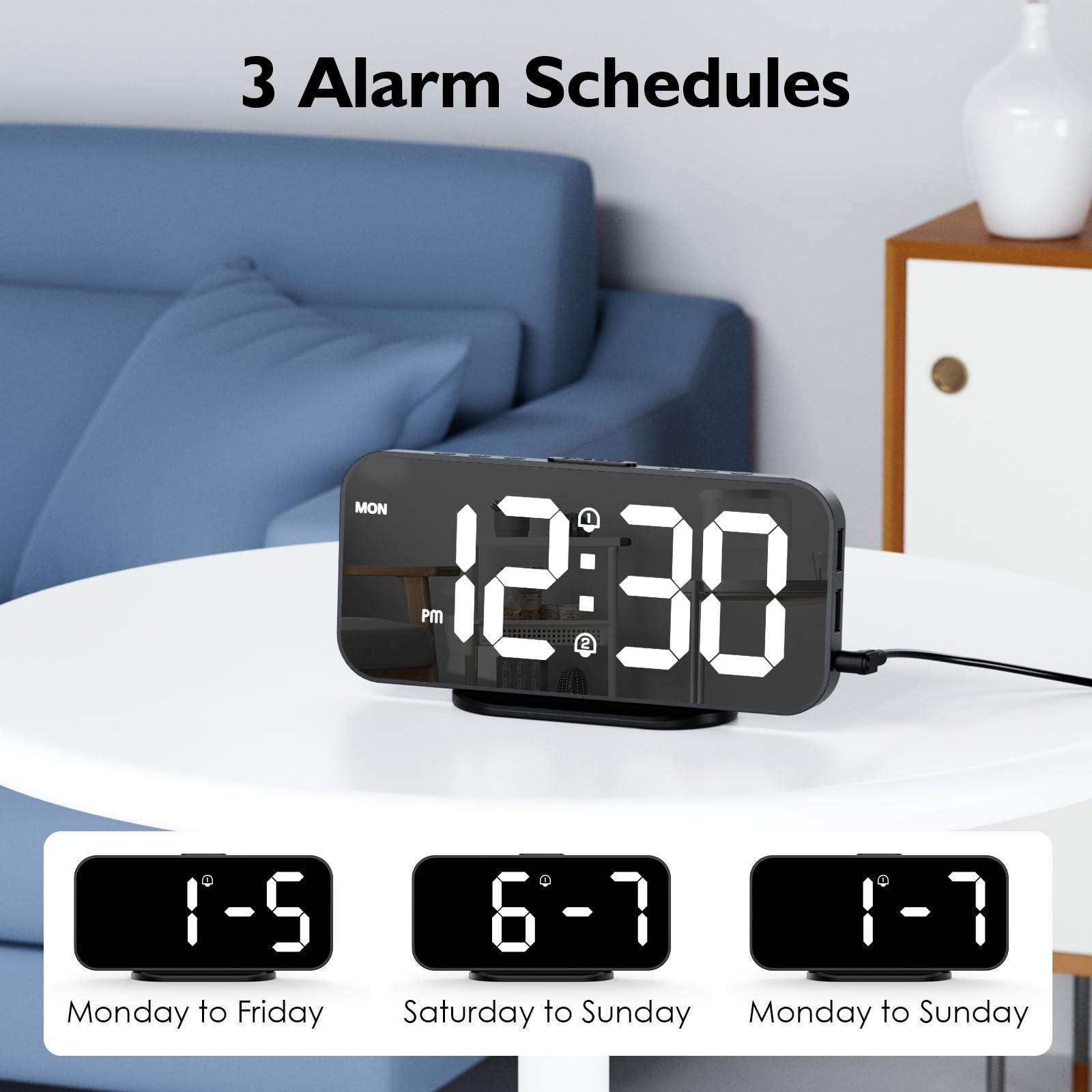 Sveglia Digitale da Comodino a LED,Sveglia da Comodino con Funzione Snooze,Orologio Digitale con Doppio Programma di allarme,12/24H,2 Porte di Ricarica USB