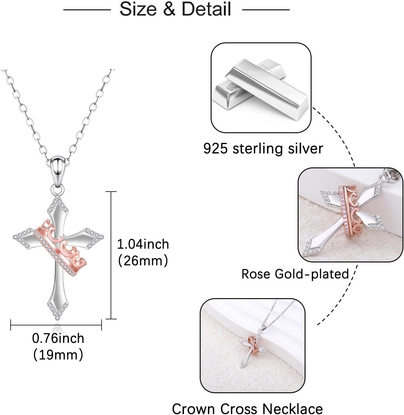 Crown Cross Necklace for Women - 925 Sterling Silver Cross Pendant Necklace Christian Jewelry Religious Easter Christmas Gift for Men - Image 6