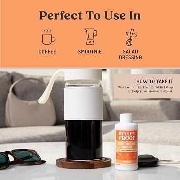 Bulletproof Brain Octane C8 MCT Oil Travel Size, 3 oz 100% Pure Coconut Oil, Triple-Distilled Keto Energy Supplement for Coffee & Smoothies, Unflavored, No Additives or Fillers, Non-GMO