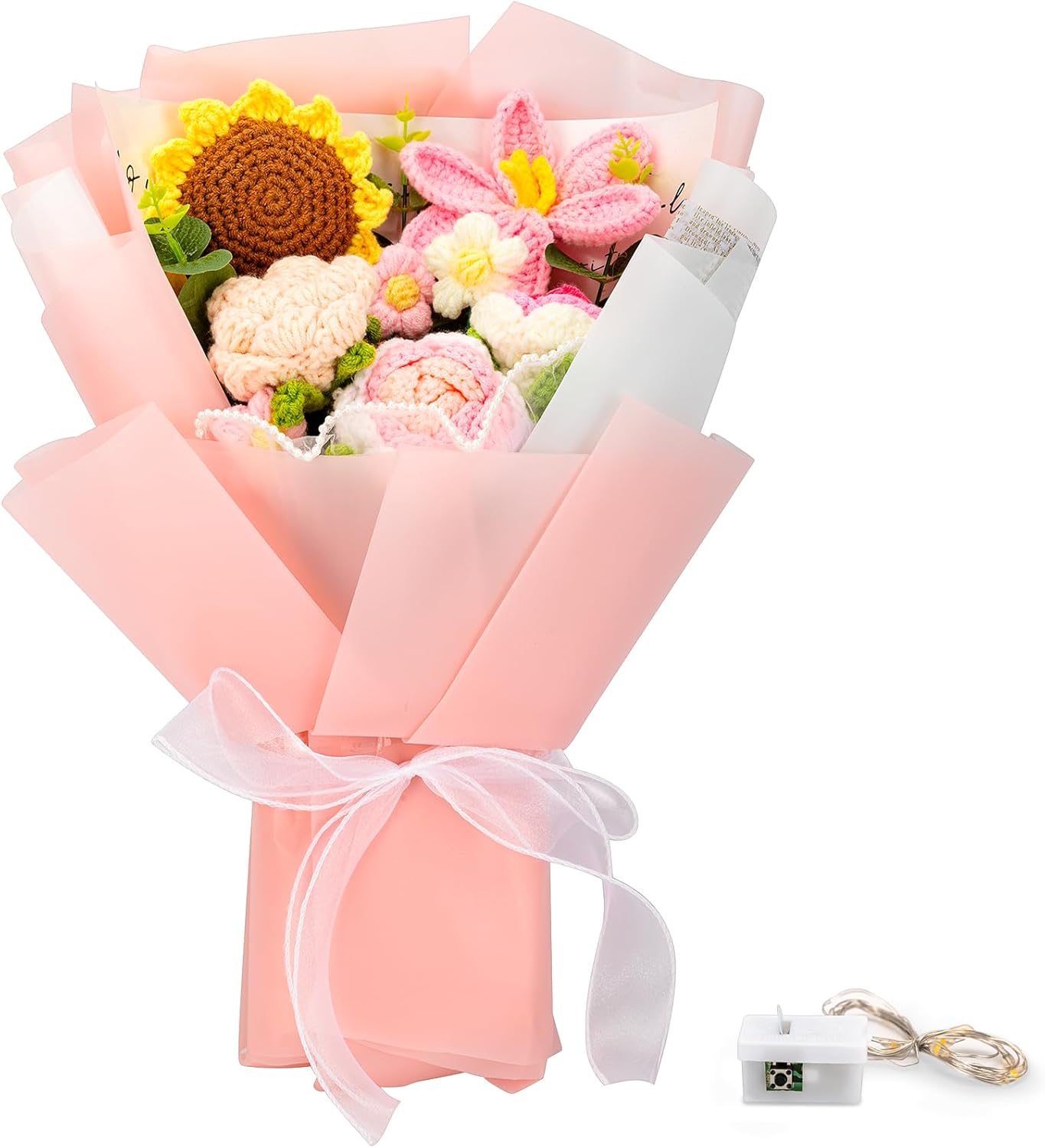 Completed Crochet Flower Bouquet, Pink Handmade Knitted Bouquet, Crochet Bouquet Kit Knitted Fake Sunflower Rose Daisy 12 PCS for Christmas Mother's Day Birthday Wedding Home Decor Gifts for Mom