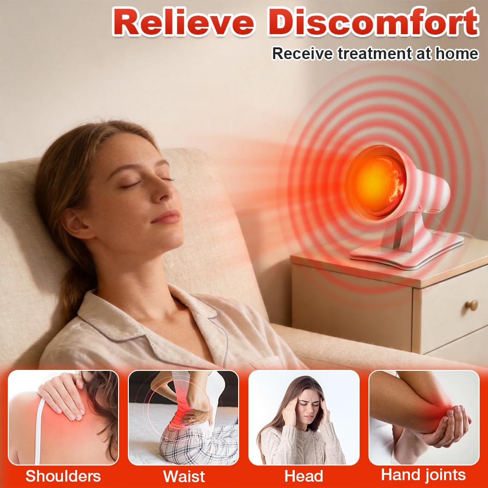 Rotlichtlampe Wärmelampe, 150W Infrarotlampe mit 3 Stufen Timer und 4-stufige Temperaturregelung, 45° Einstellbarer Rotlichtlampe Therapie, Infrarot Lampe für Entspannende Wärme