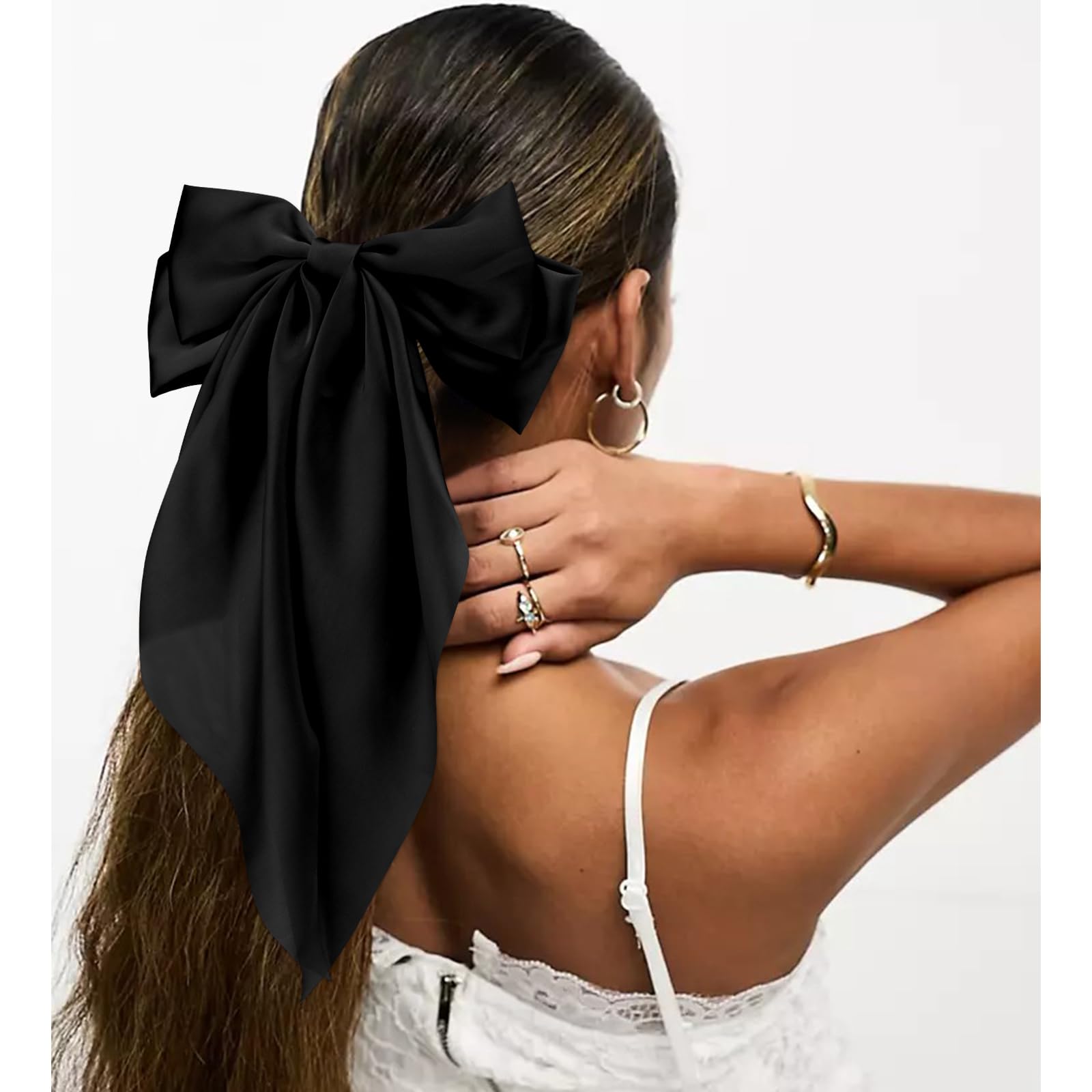 Velscrun Hair Bows for Women Girls 4Pcs White Silky Hair Bow Khaki Satin Large Coquette Bow Brown Big Hair Bows Clip Oversized Hair Ribbons Long Tail Black Bow Hair Barrettes Hair Accessories Gifts