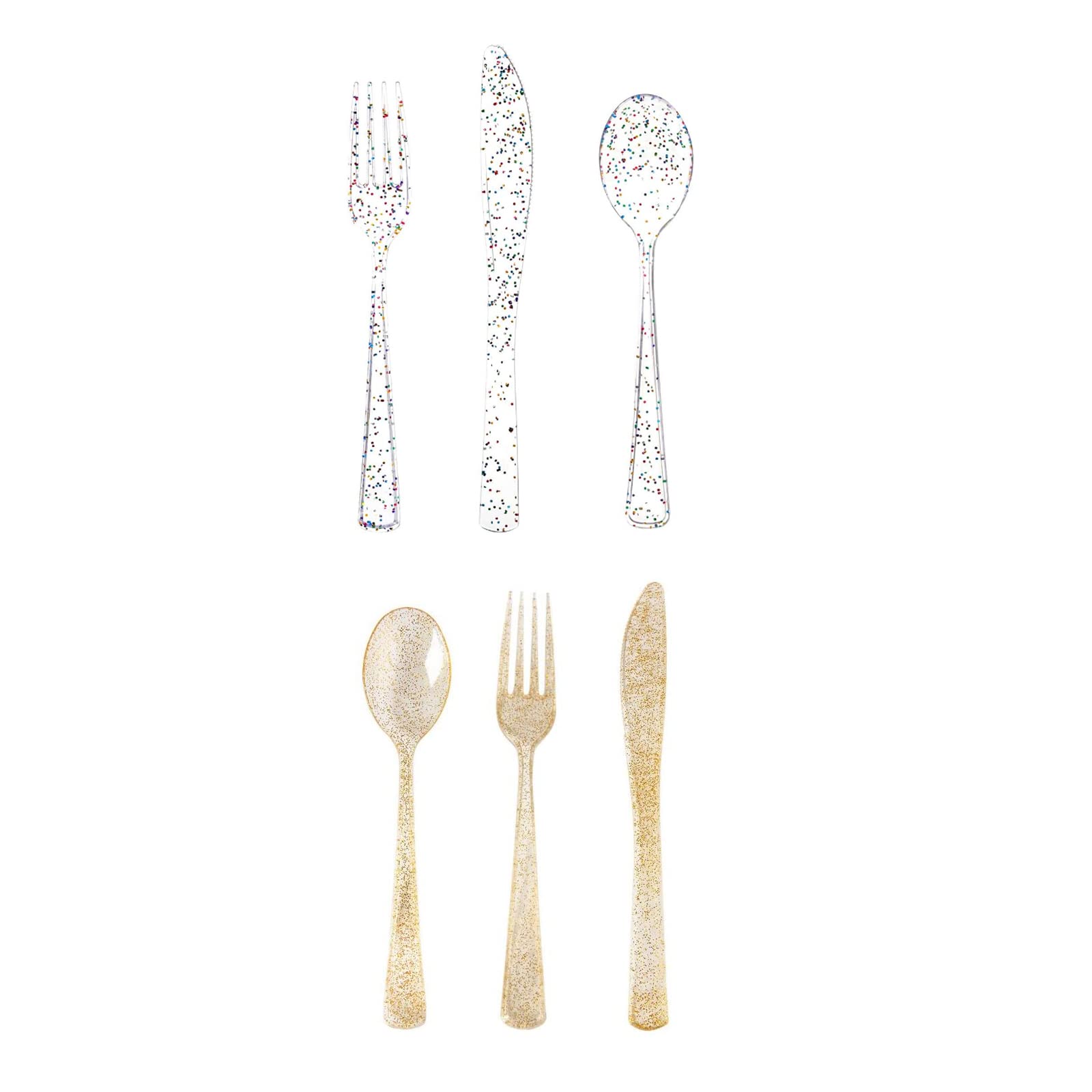Supernal 360pcs Clear Plastic Silverware,Clear Glitter Disposable Cutlery with Colorful Design with 300pcs Gold Plastic Silverware,Disposable Plastic Utensils, Disposable Gold Glitter Cutlery