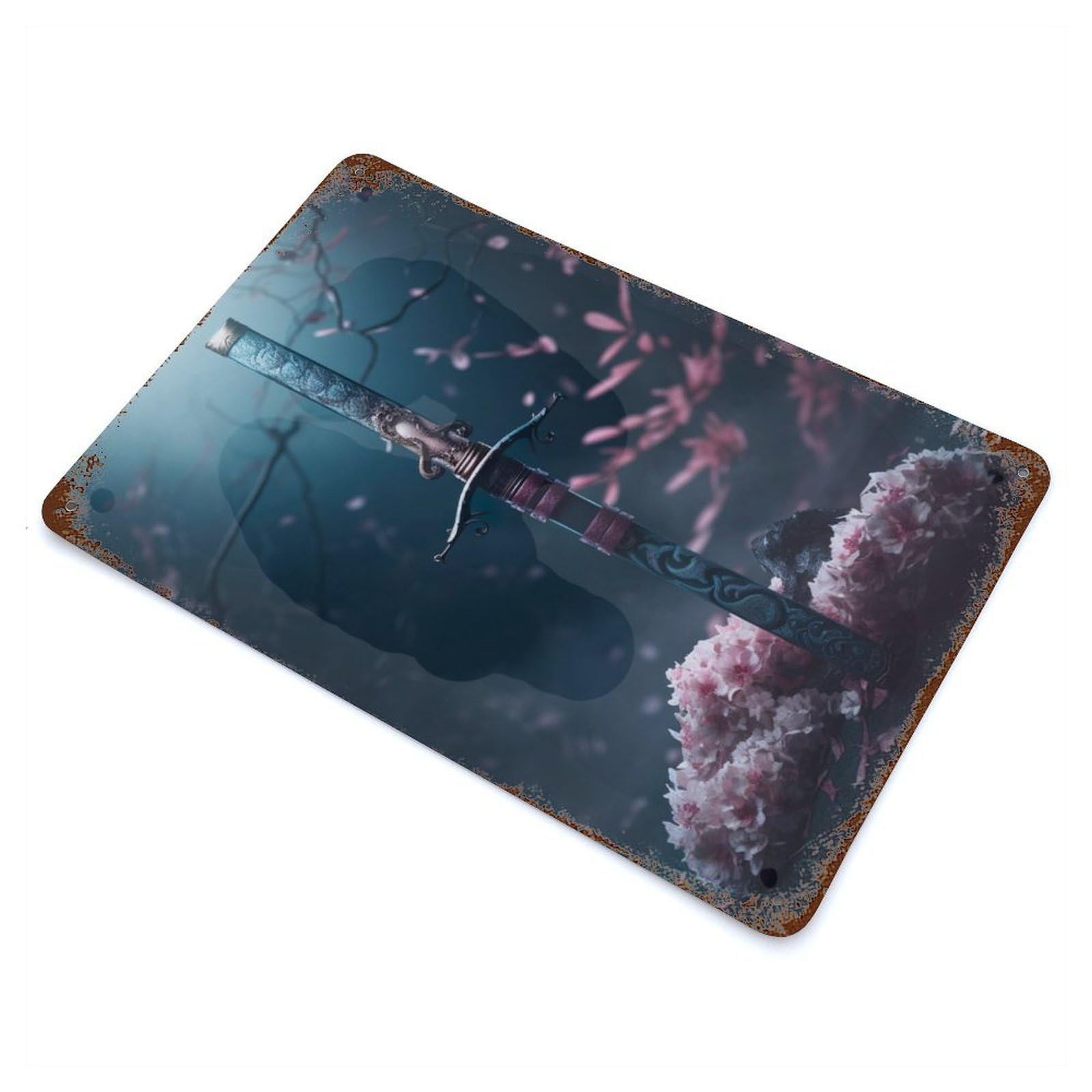 Moonlight Katana 11.8"x7.9" Rustic Tin Plaque, Farmhouse Wall Decor for Basement, Hobby Room And Garage Decor
